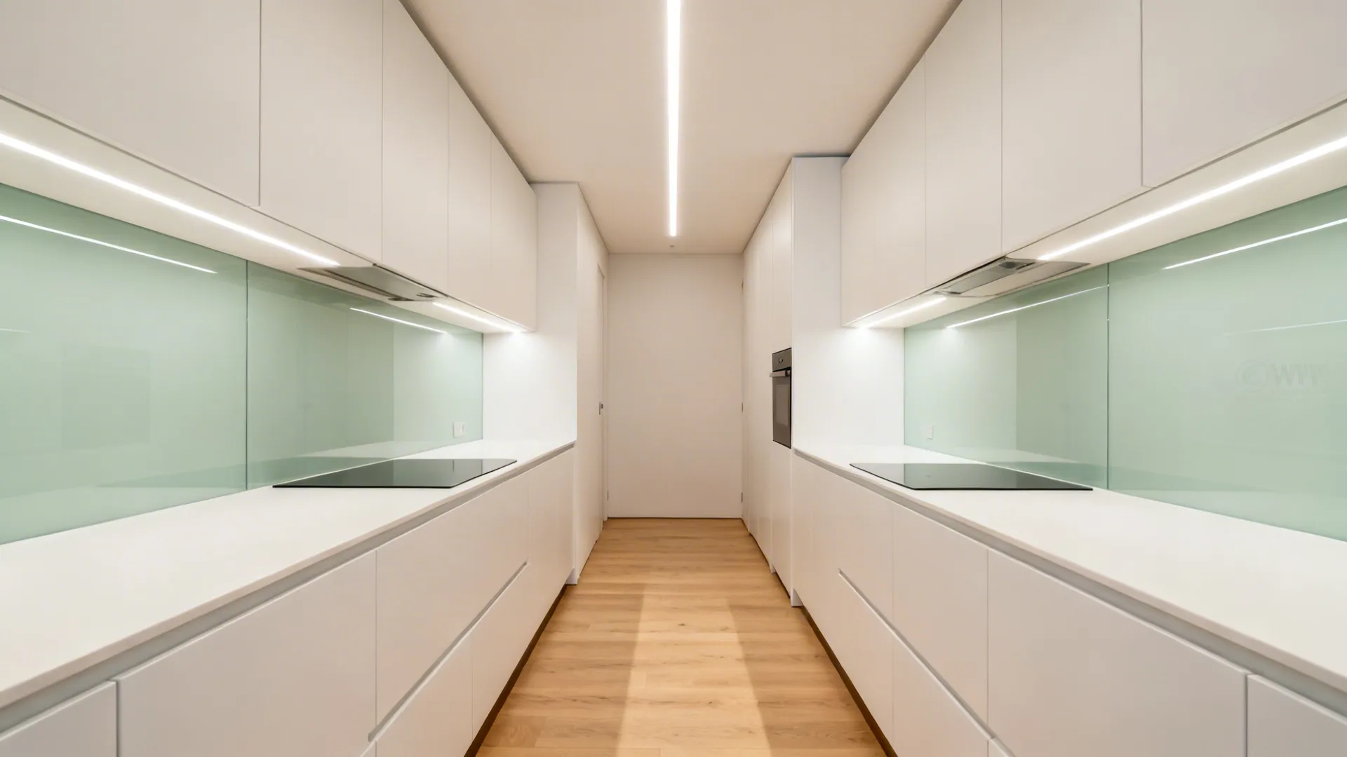 Slim recessed linear light along a narrow kitchen ceiling enhances length and openness.
