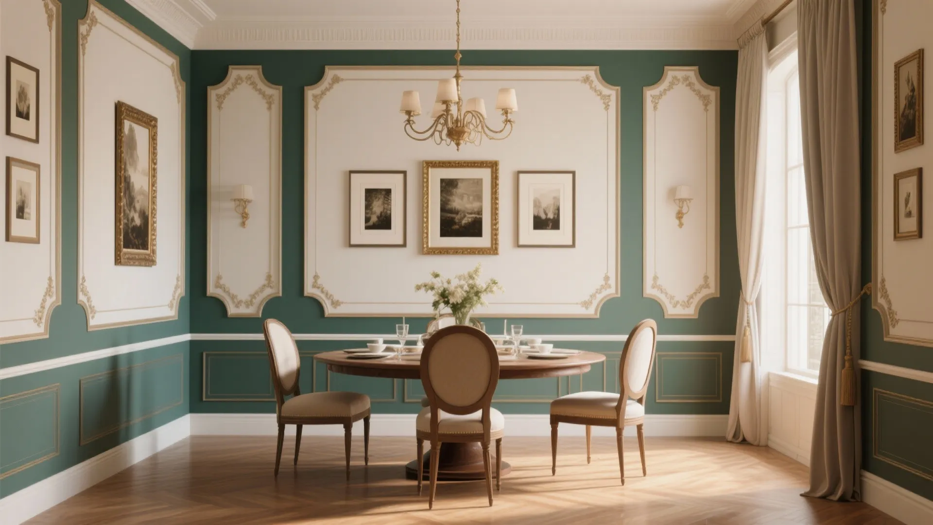 Contrasting color picture-frame molding in elegant dining room