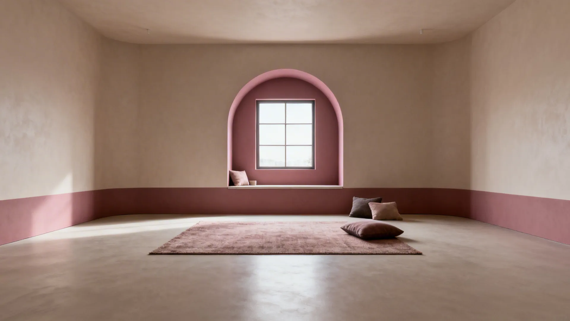Living room with dusty rose arch around a window and a low horizon stripe, no furniture, calm palette.