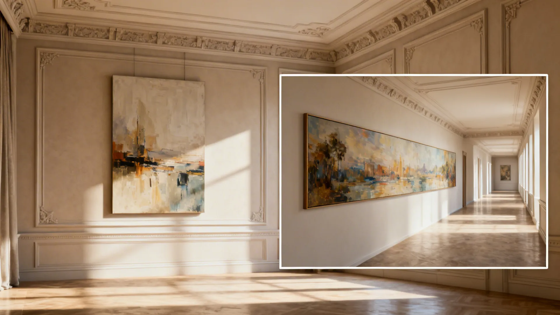 Tall canvas matched to high ceilings and a panoramic piece on a long wall, showing architectural scale.