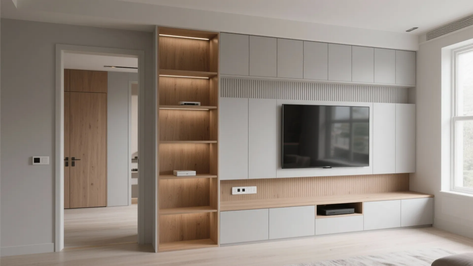 Minimalist living room with grey wall cabinet wooden open shelves television and large bright window