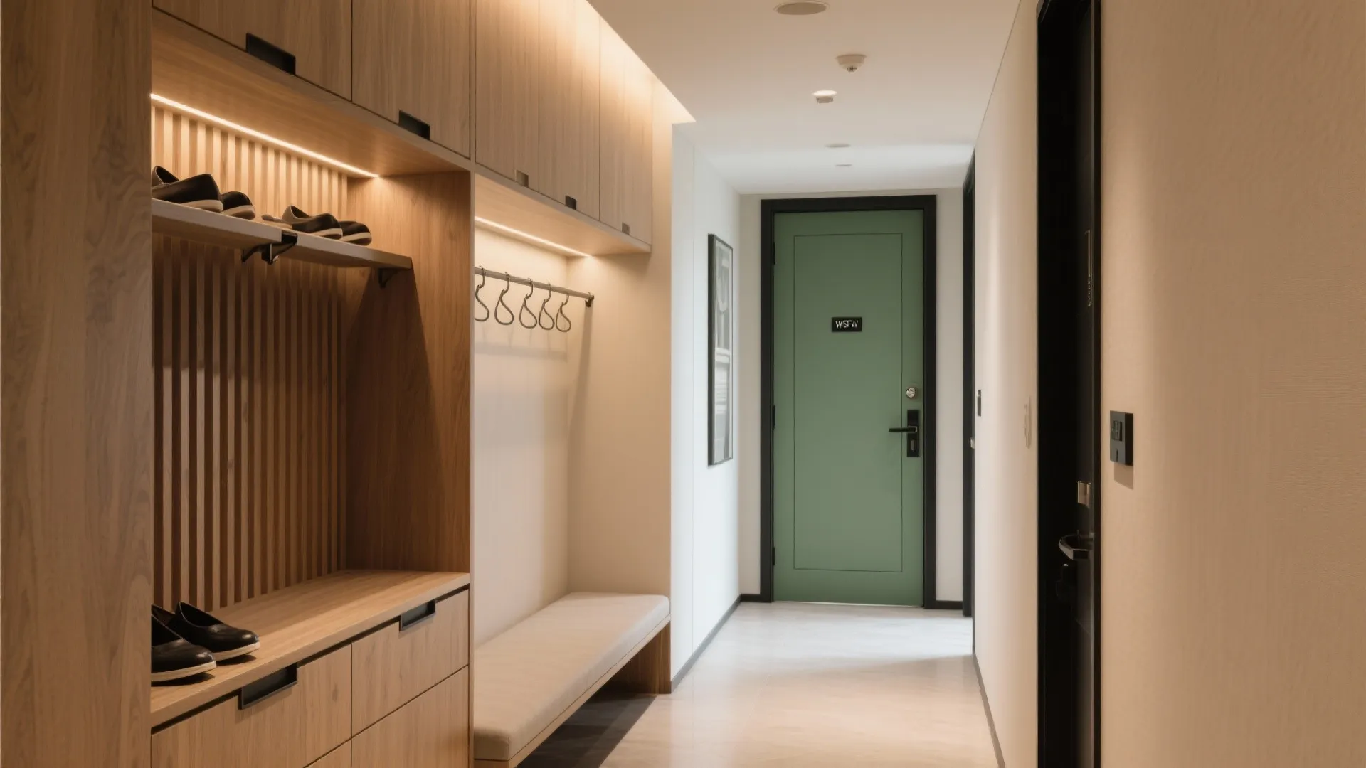Modern hallway with wood storage cabinet and bench leading to a green front entry door