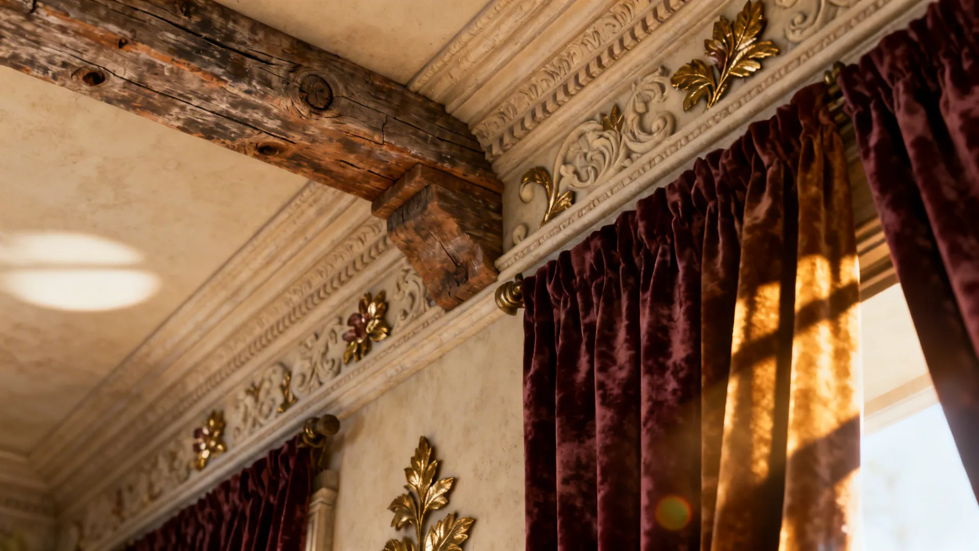 Close-up of crown molding, exposed beam and heavy drapery hung high to visually lower the ceiling.
