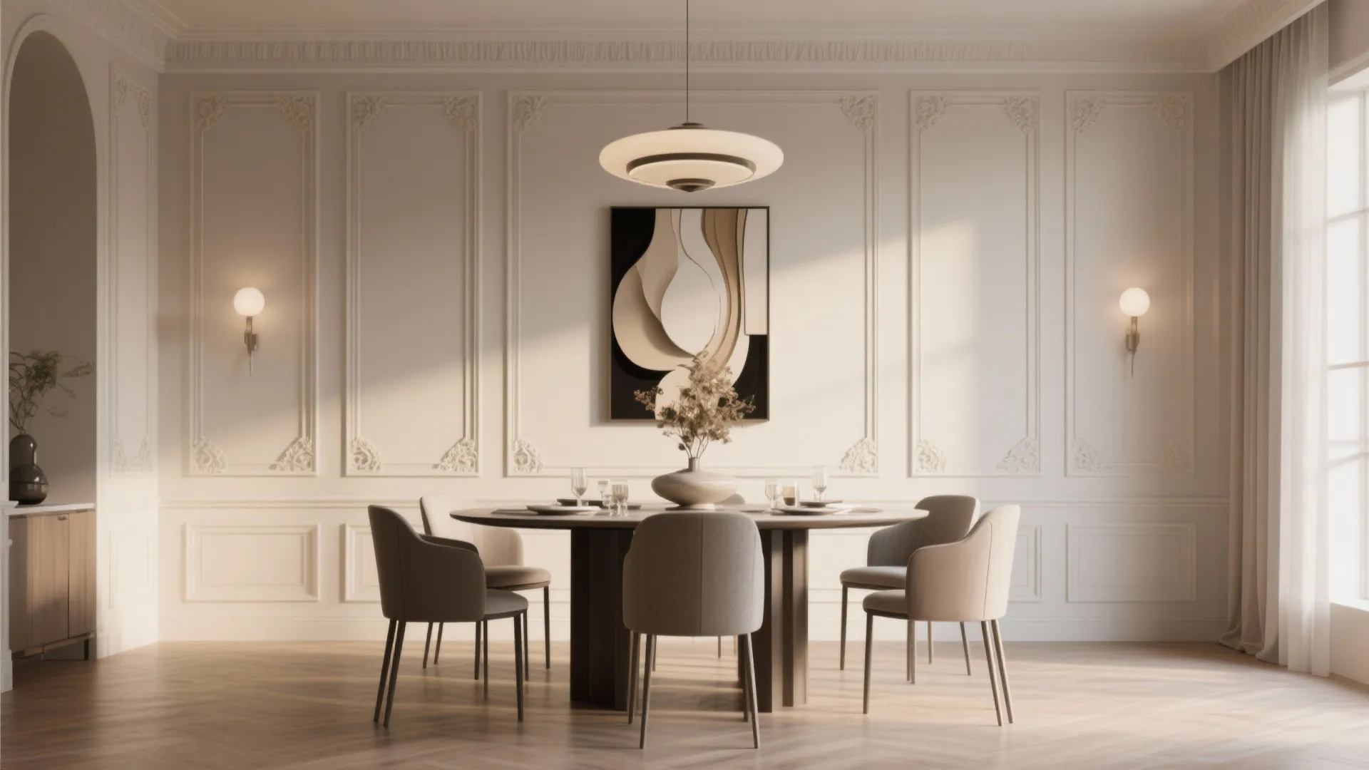 Elegant dining room with wall panel details round table grey chairs and central ceiling light