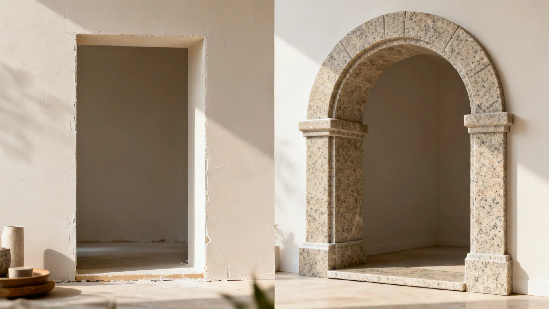 Before-and-after view of a pass-through upgraded to a granite-clad archway with refined edges.