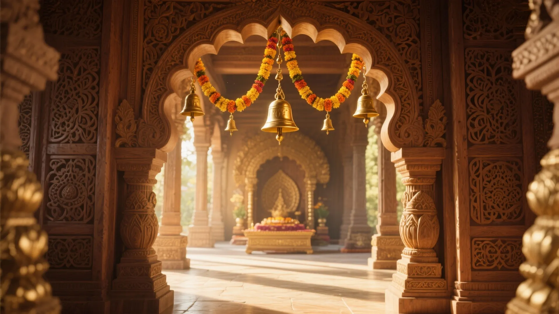 Carved Archway with Suspended Bell Garland