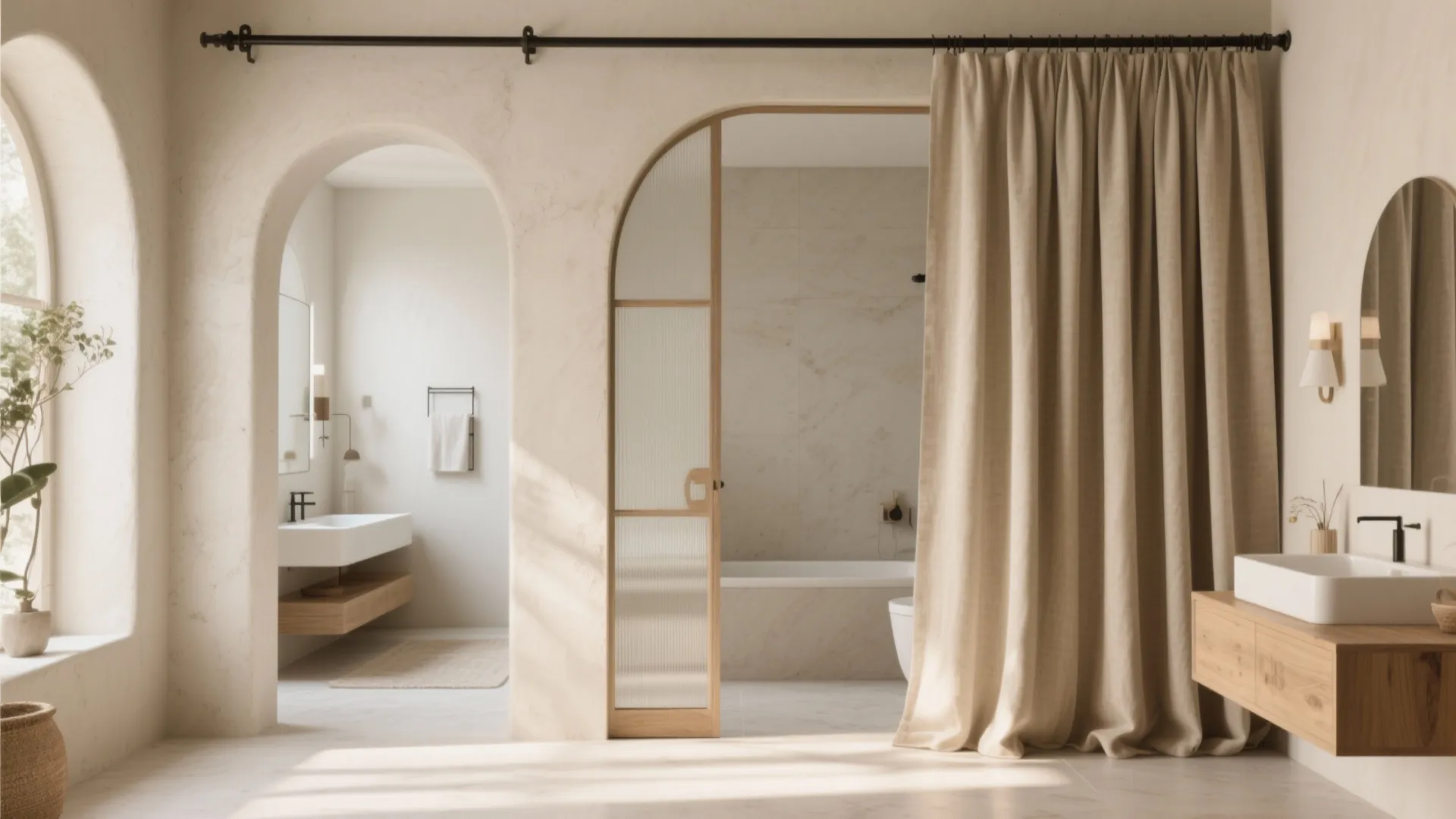 Bathroom with arched doorways featuring long beige curtain and wooden cabinet with white sink basin