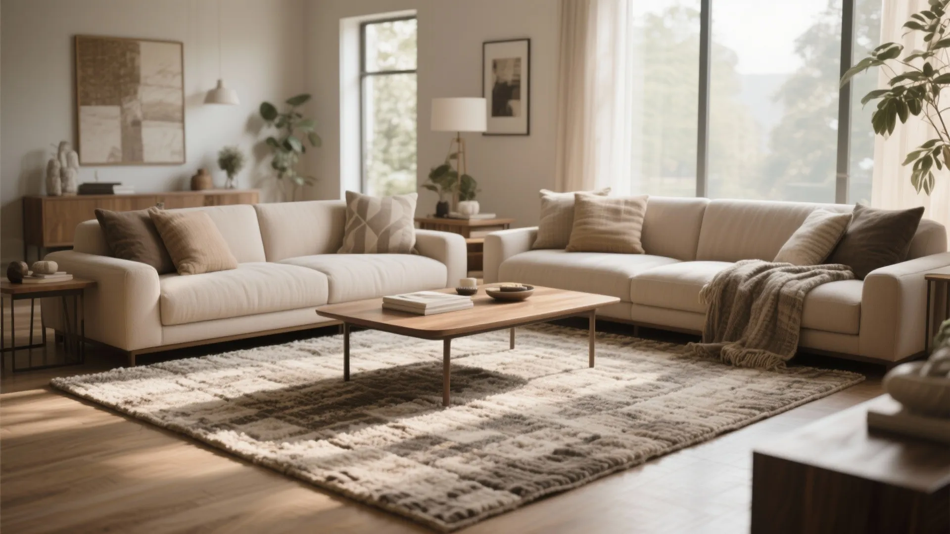 Modern living room with beige sofas patterned area rug wooden coffee table and large bright windows