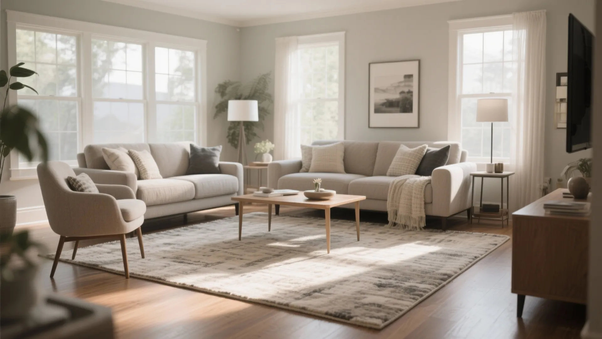 Spacious living room with beige sofas large patterned rug wooden coffee table and bright light