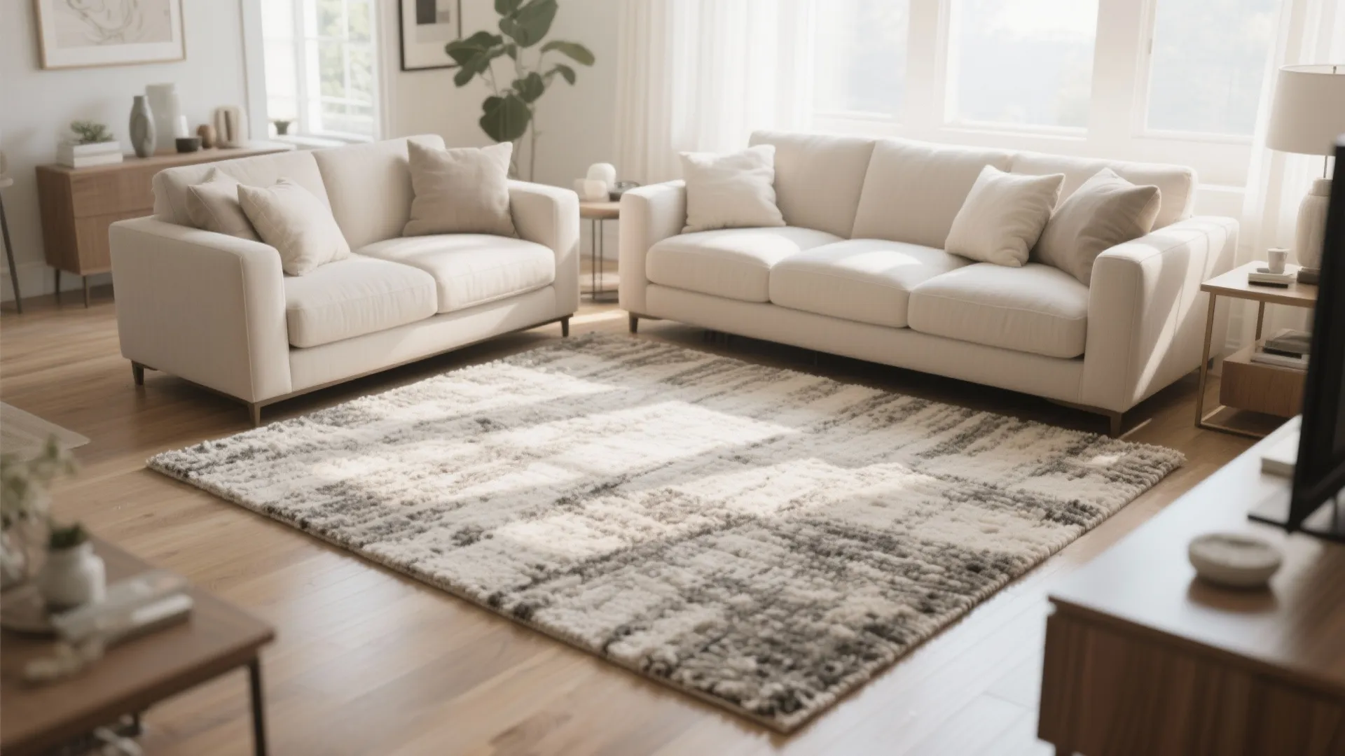 Modern bright living room featuring two beige sofas on wooden floor with a large rug