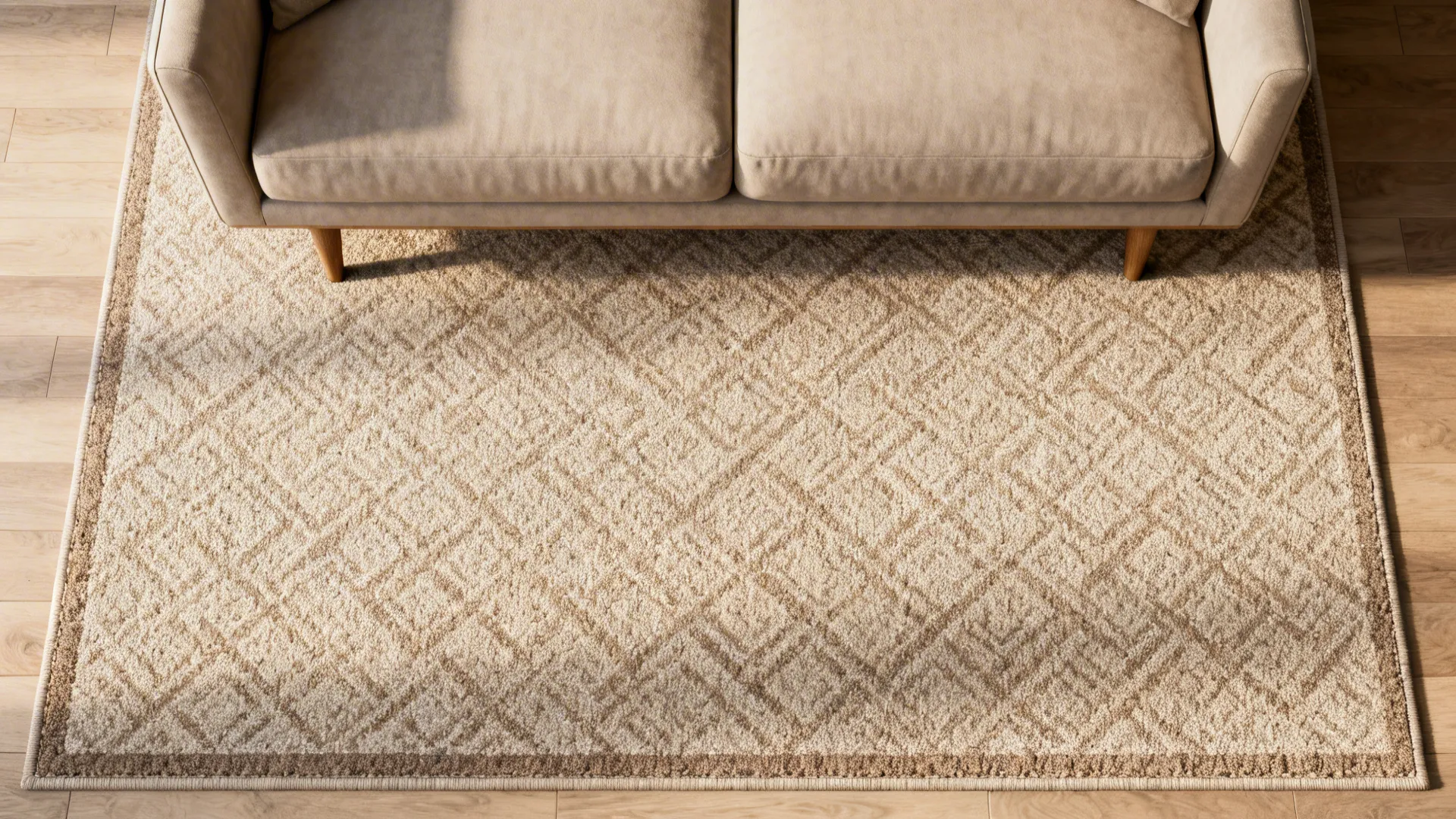 Small textured area rug under a loveseat defining the sitting nook and separating it from the bed
