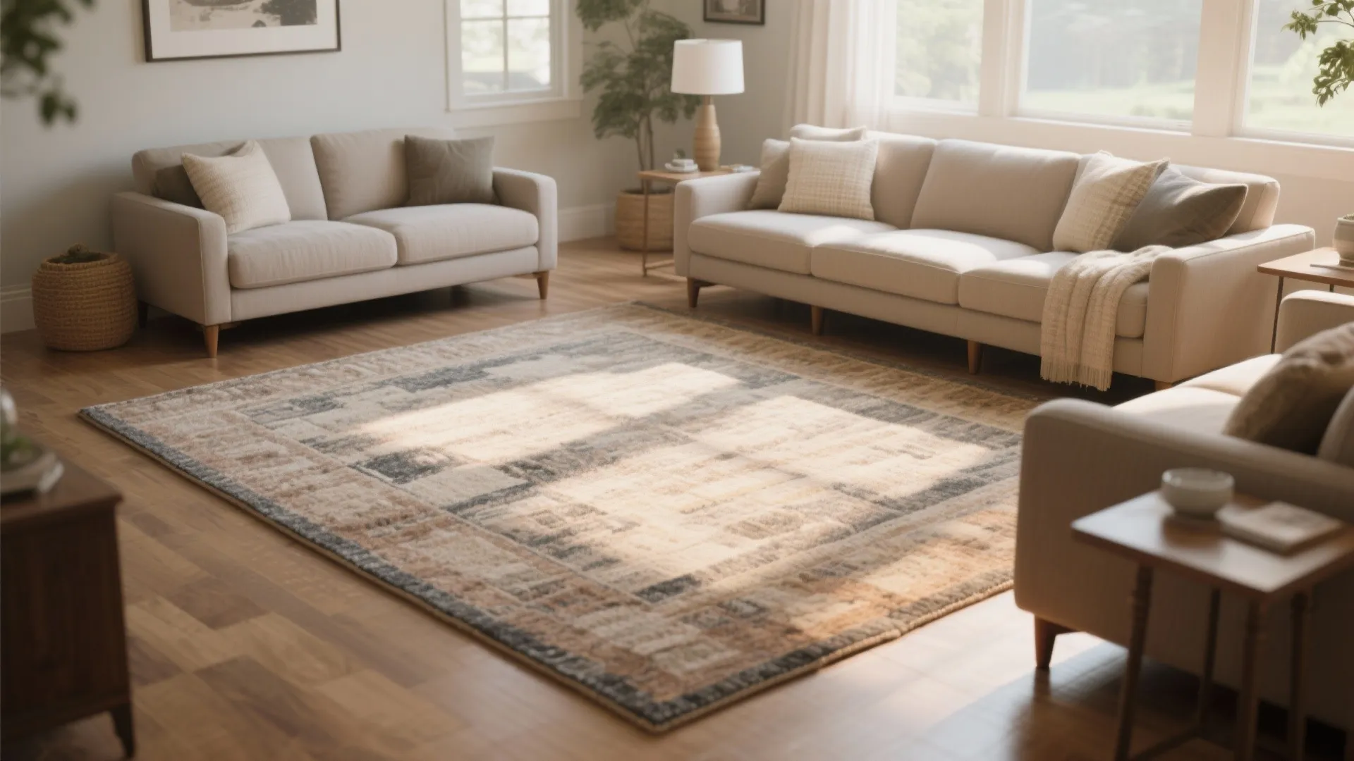 Large patterned area rug on a wooden floor in a bright living room with beige sofas