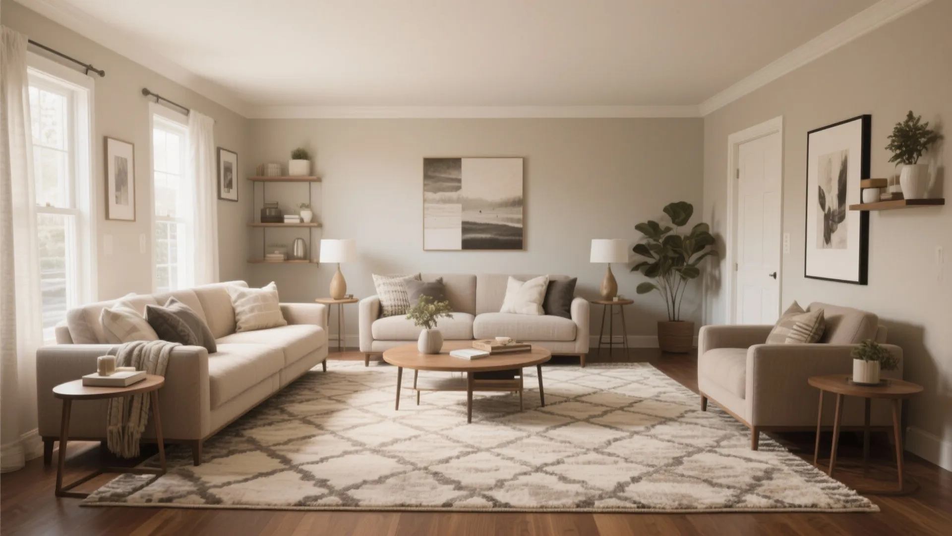 Large area rug uniting seating in a modern living room
