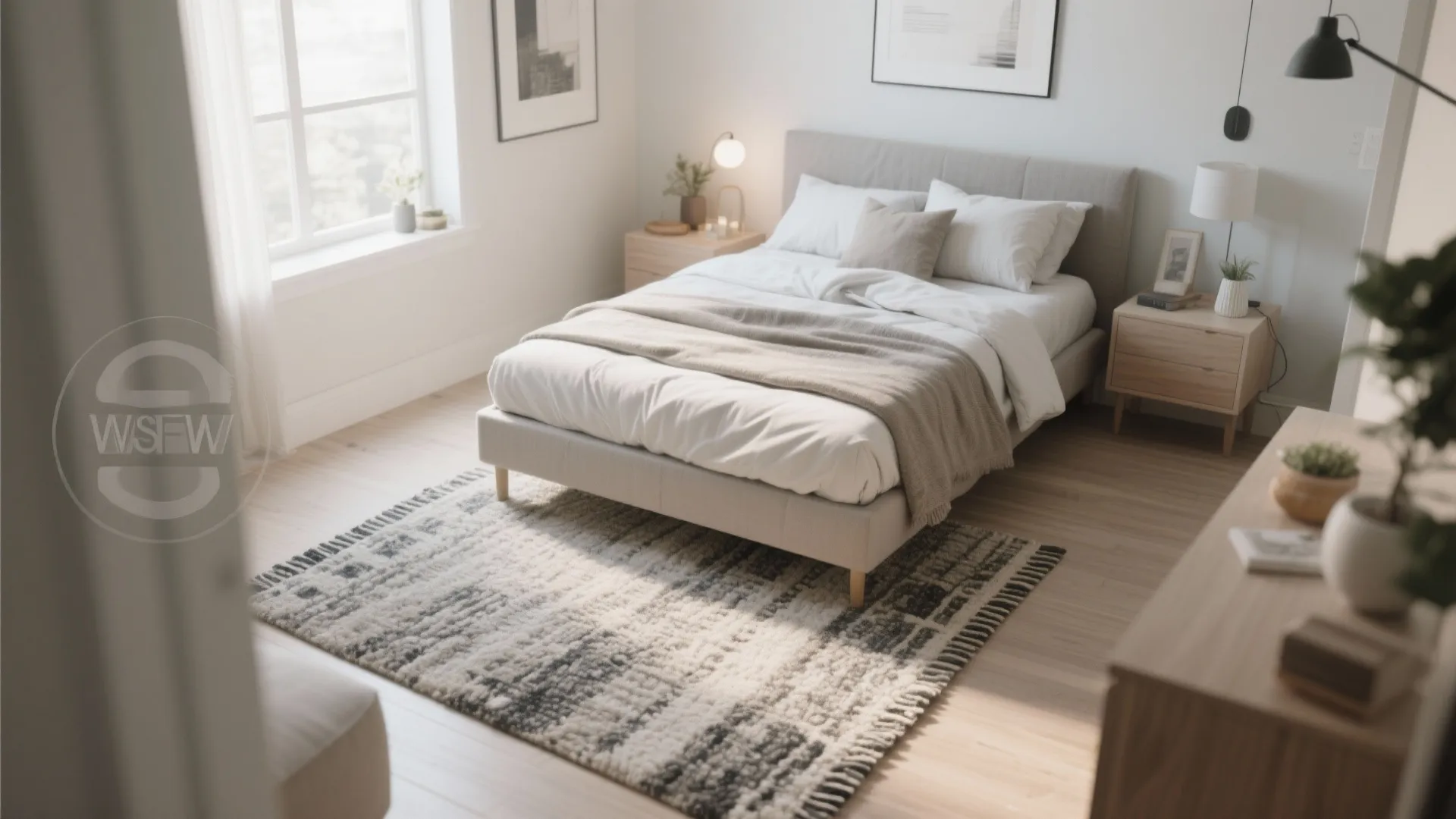 Modern bedroom with a patterned area rug, grey bed, wooden side tables, and bright lighting