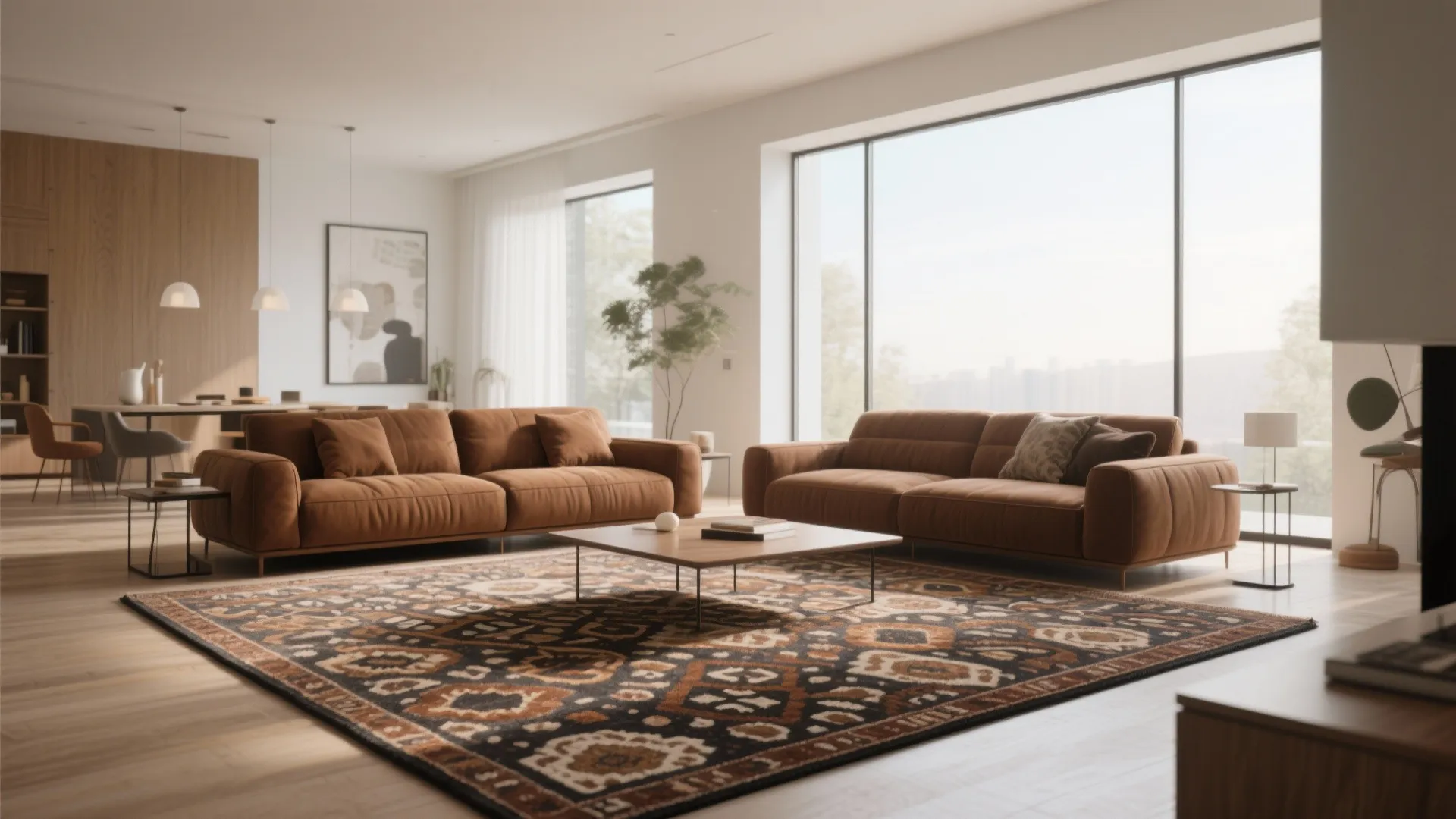 Brown sofa on large patterned rug defining living zone
