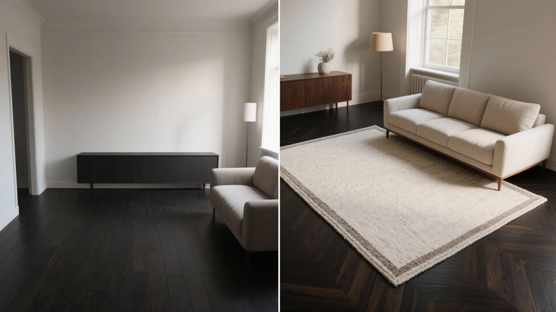 Dark wood floor living room shown both with and without a large white area rug design