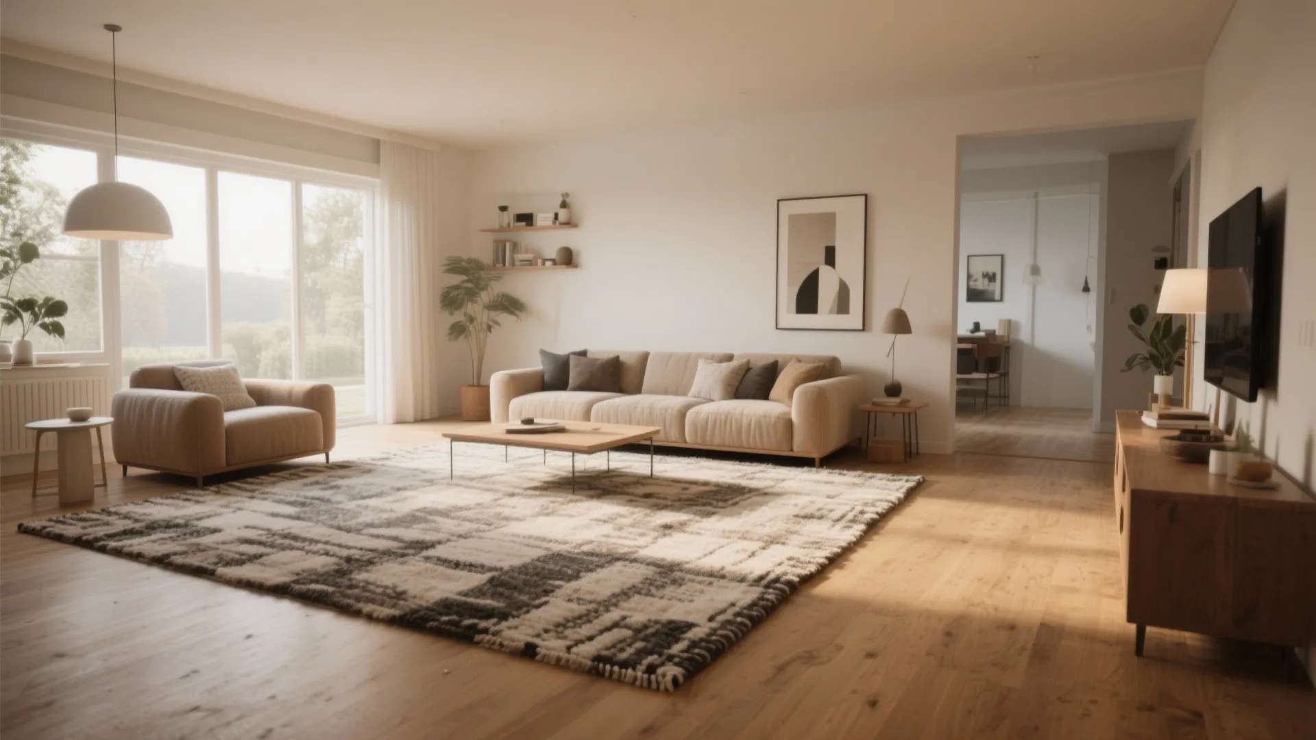 Bright living room featuring large patterned area rug beige sofa wooden coffee table and light