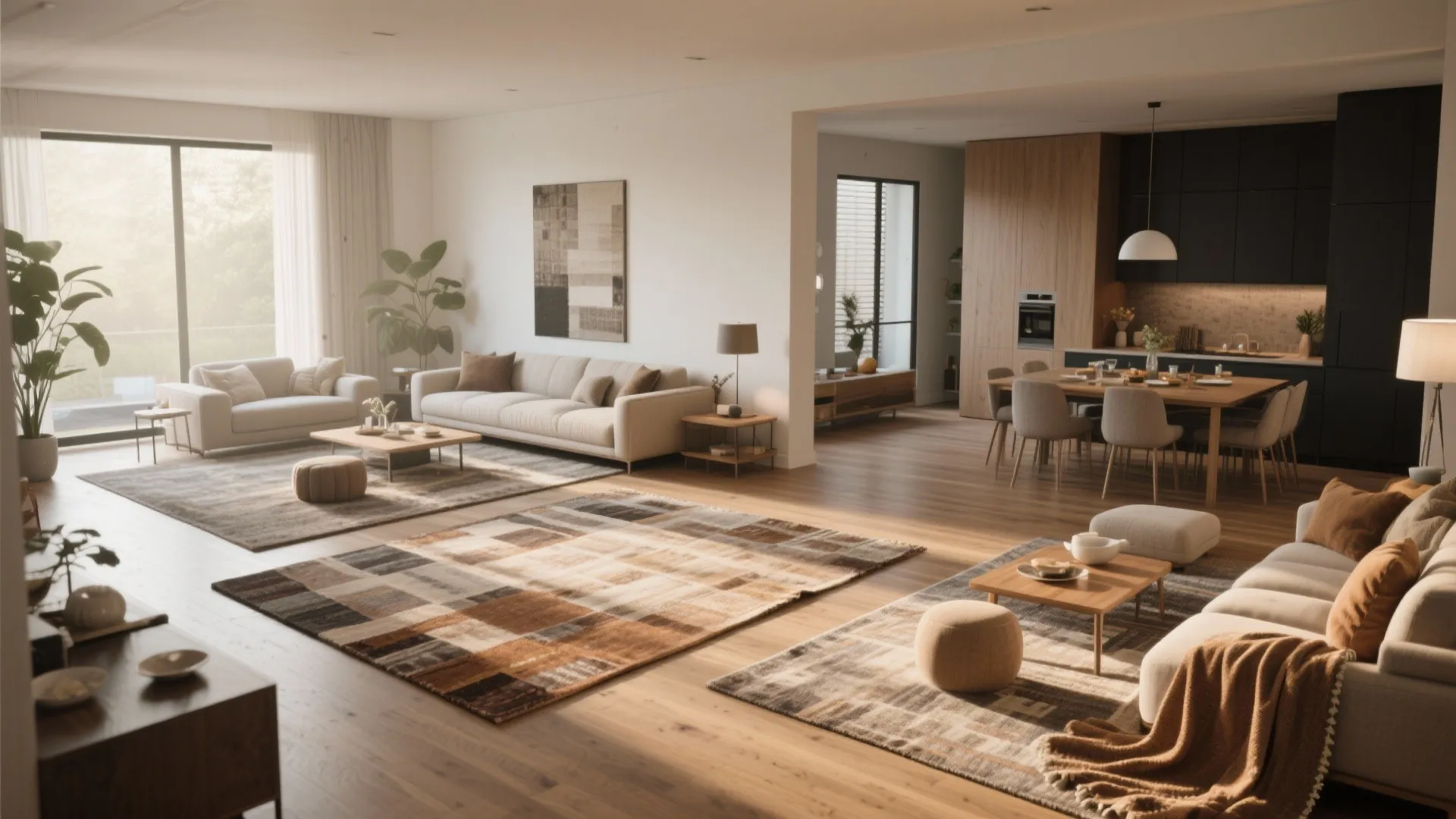 Layered area rugs defining zones in an open-plan living space