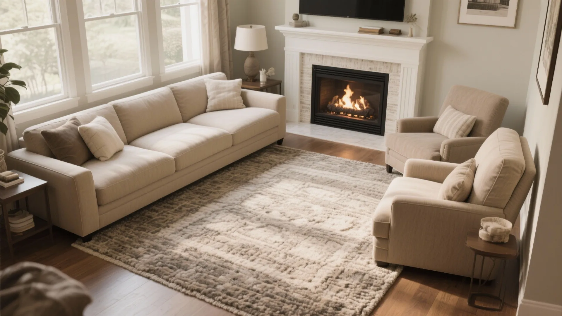 Spacious living room with large beige area rug fireplace cream sofa and two matching armchairs design