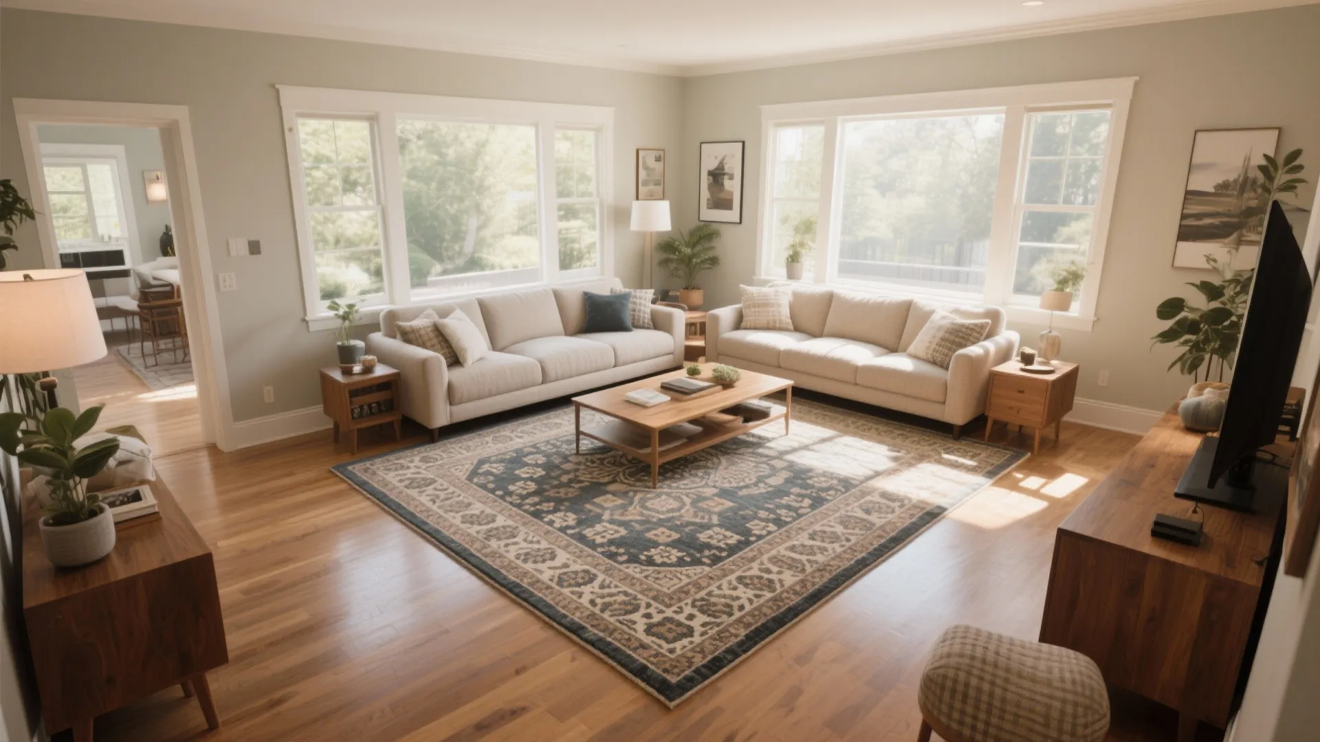 Traditional patterned area rug in a living room with two sofas and one wooden table