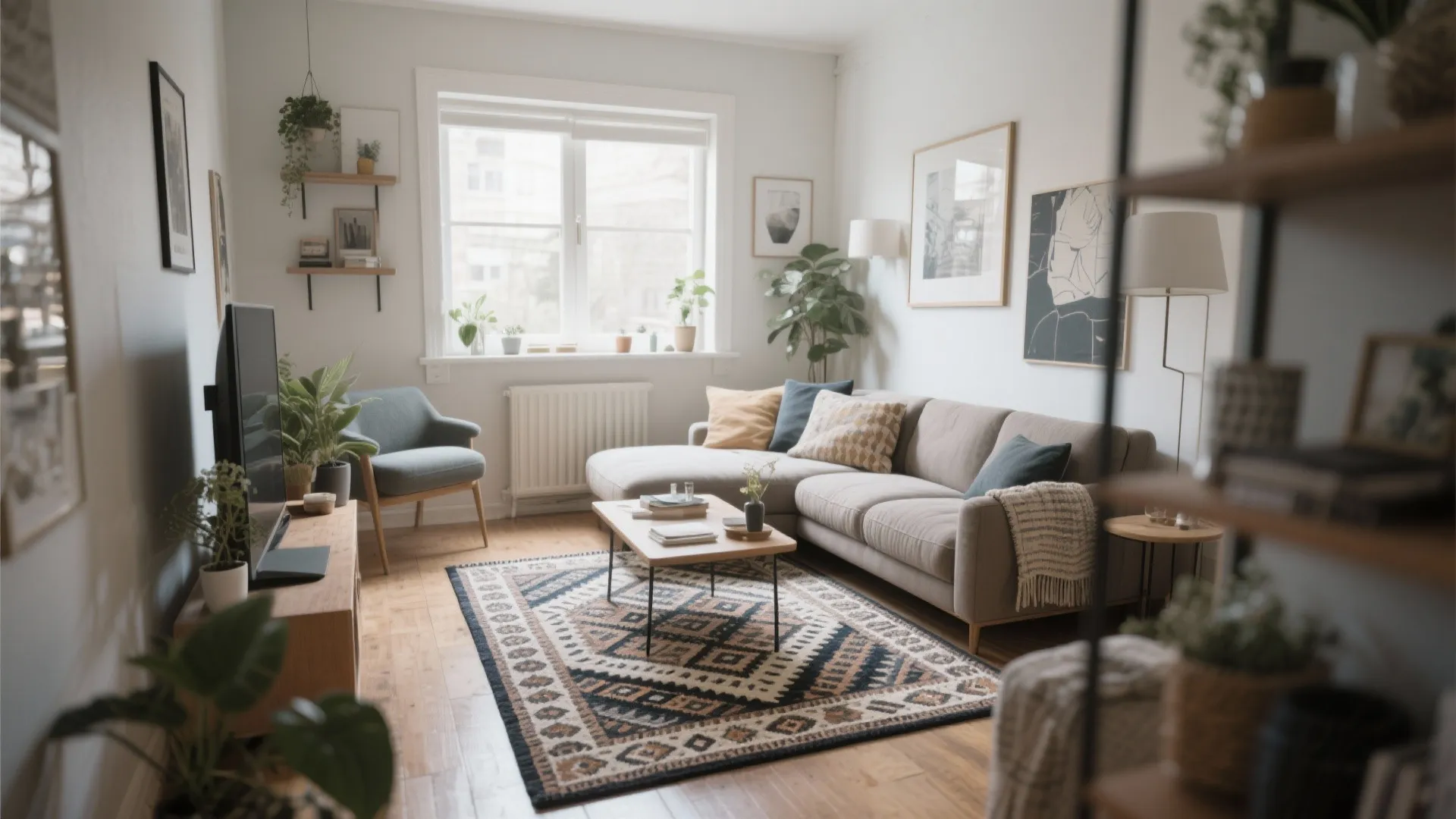 Bright living room with patterned rug wooden coffee table grey sofa and large window light