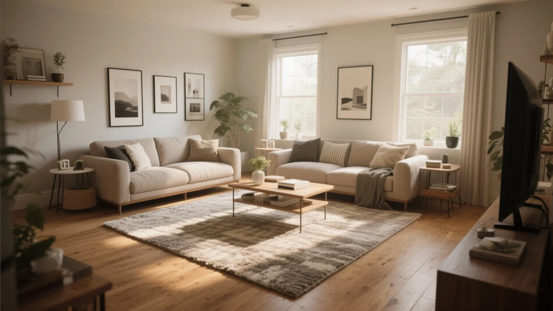 Bright living room with two beige sofas around a wooden coffee table on large patterned rug