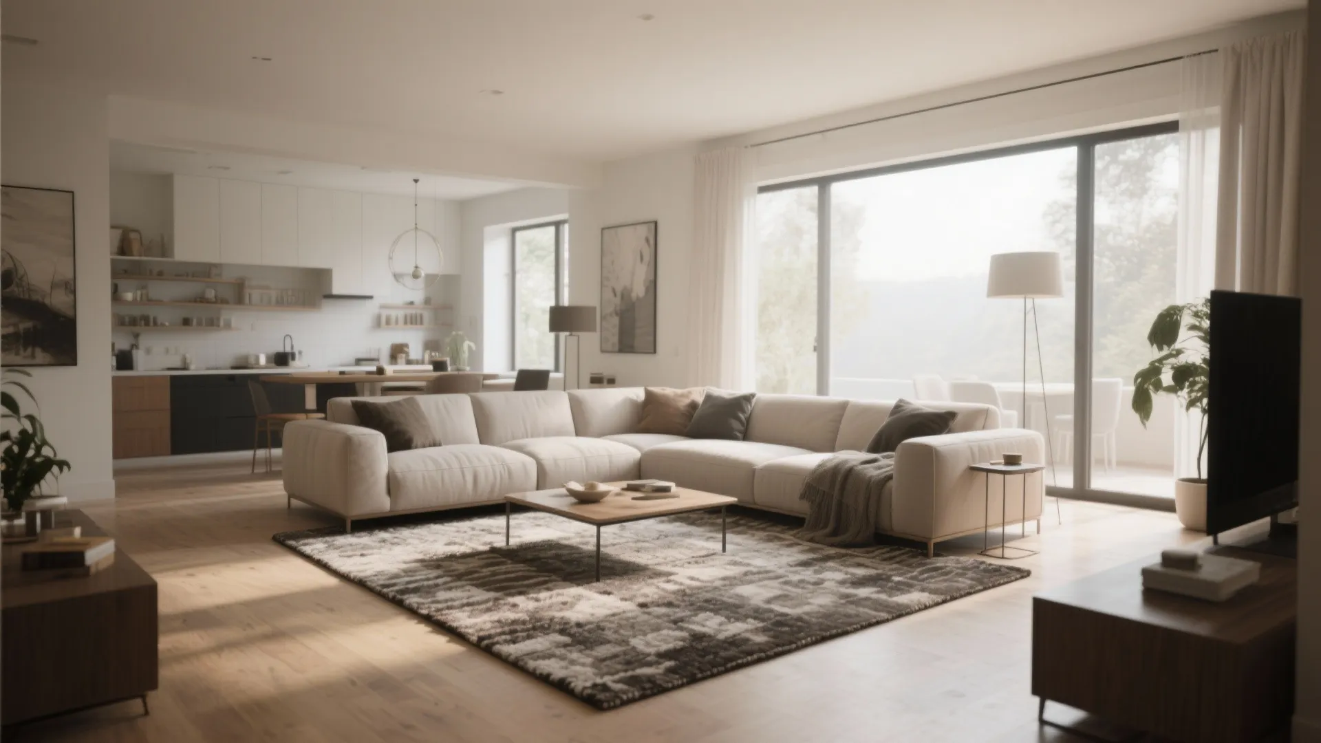 Bright open living room with white sofa pattern rug kitchen and large glass sliding windows