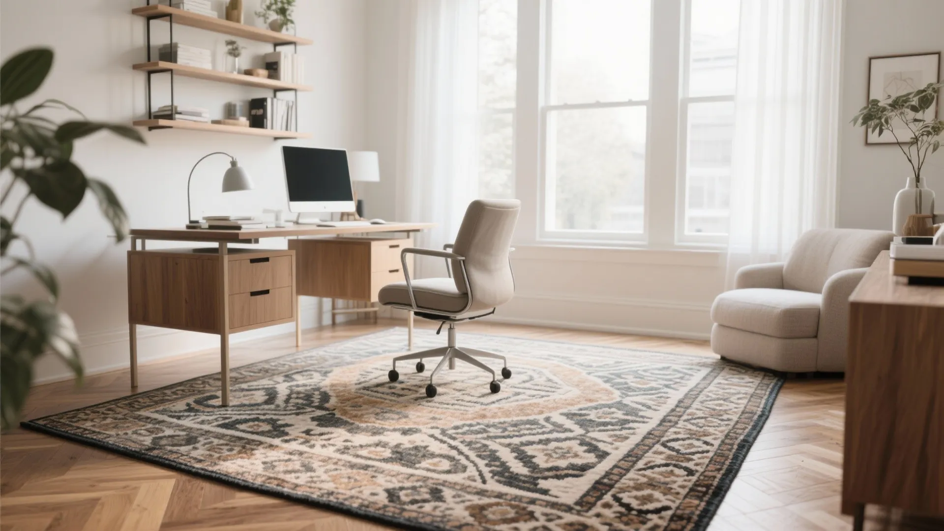 Modern office with large pattern rug wooden desk white chair comfortable sofa and large bright windows