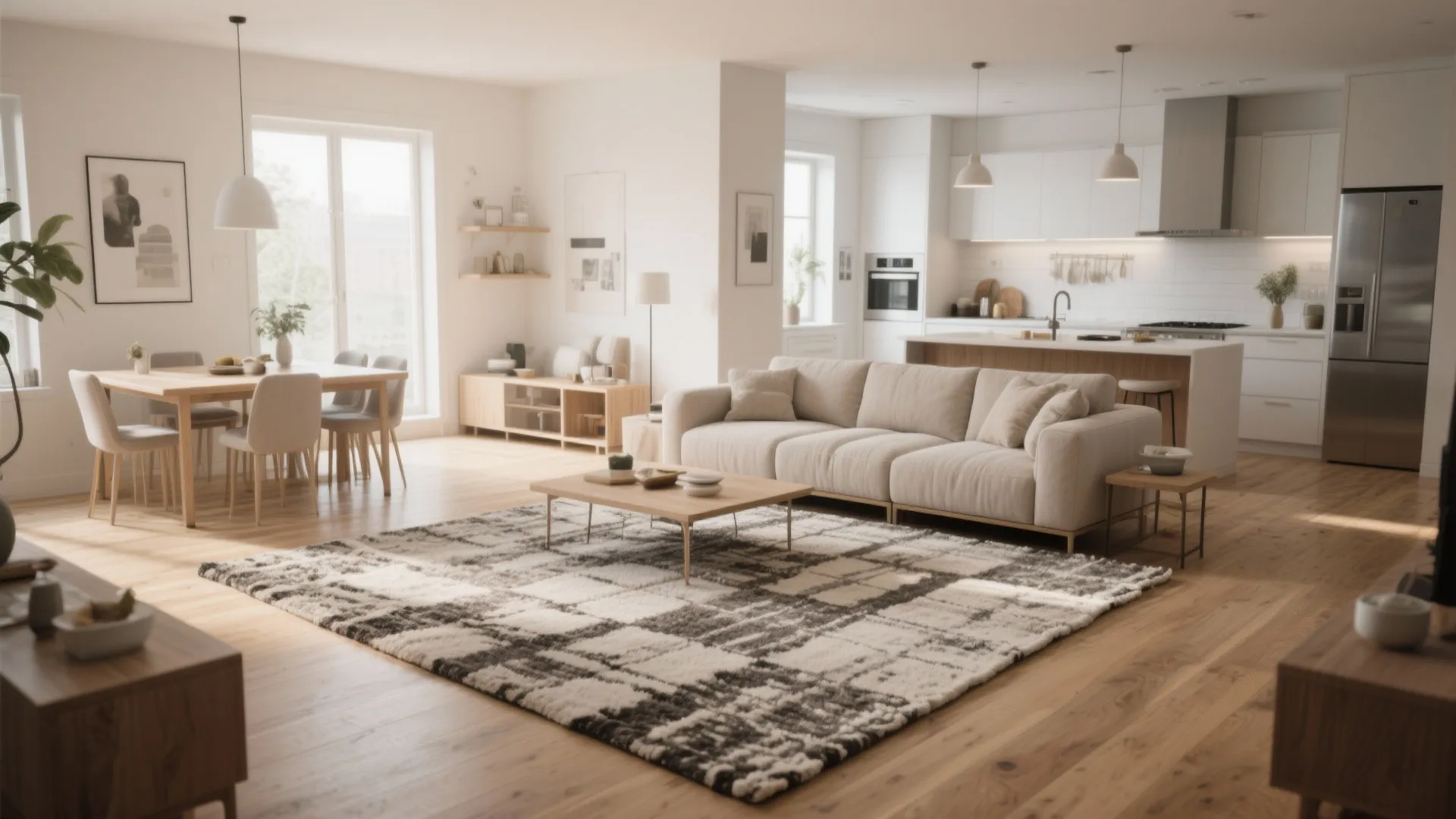 Large area rug defining seating zone in open living space