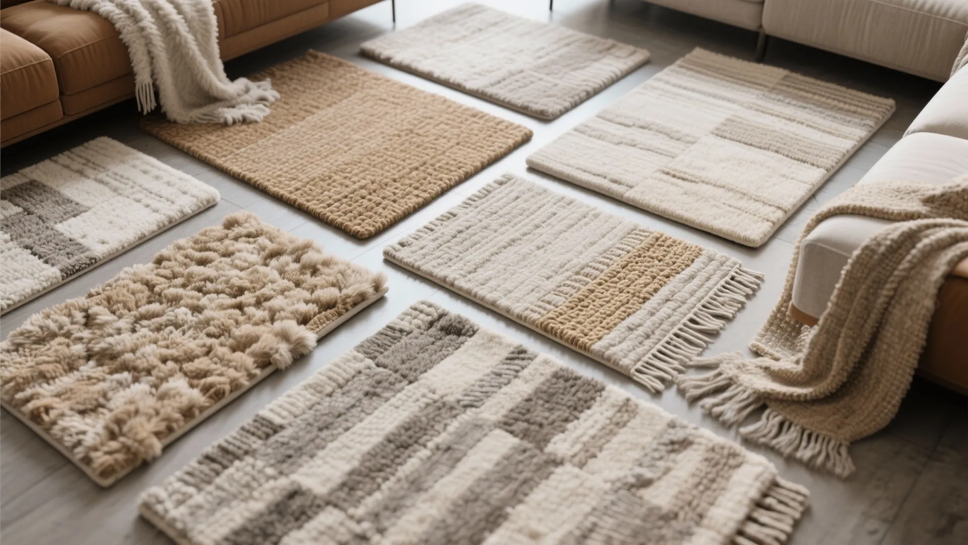 Collection of various textured area rugs in neutral colors displayed on floor between two sofas