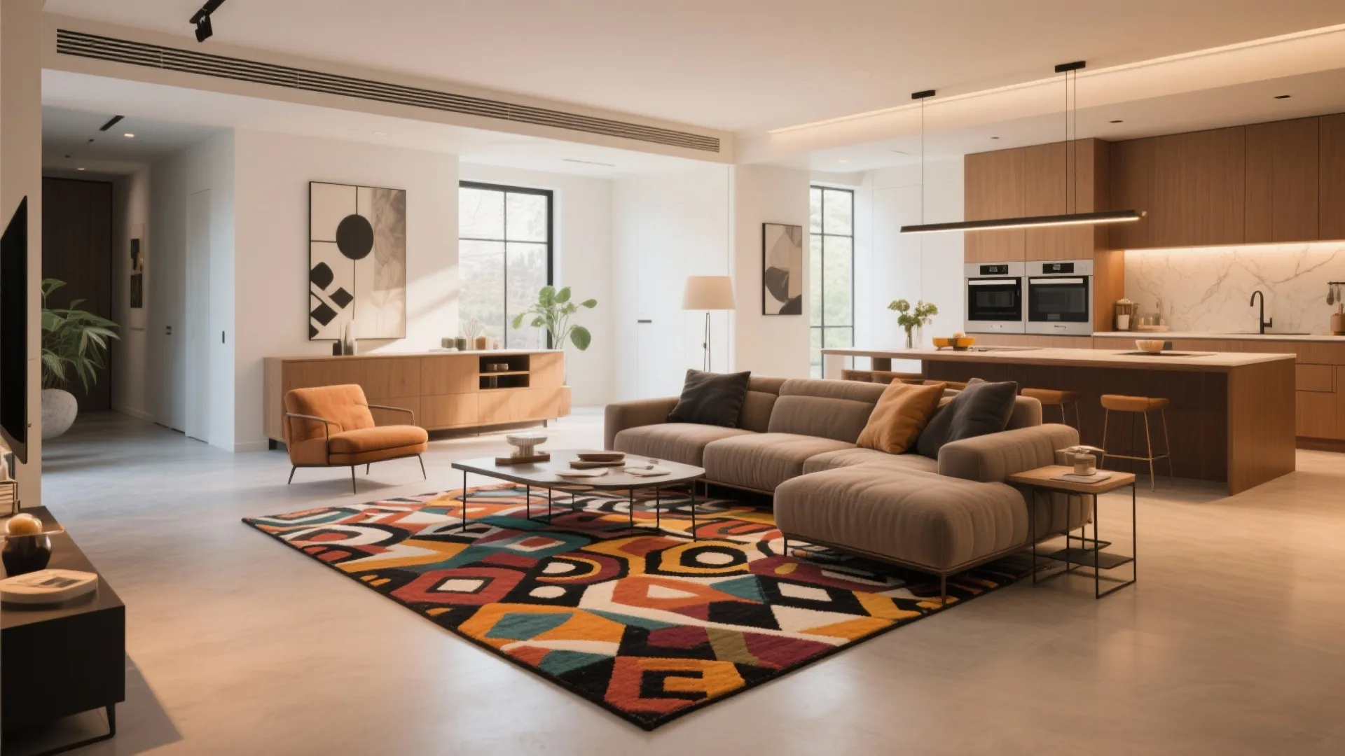 Spacious living area with colorful geometric rug brown sofa wooden cabinet and open kitchen layout
