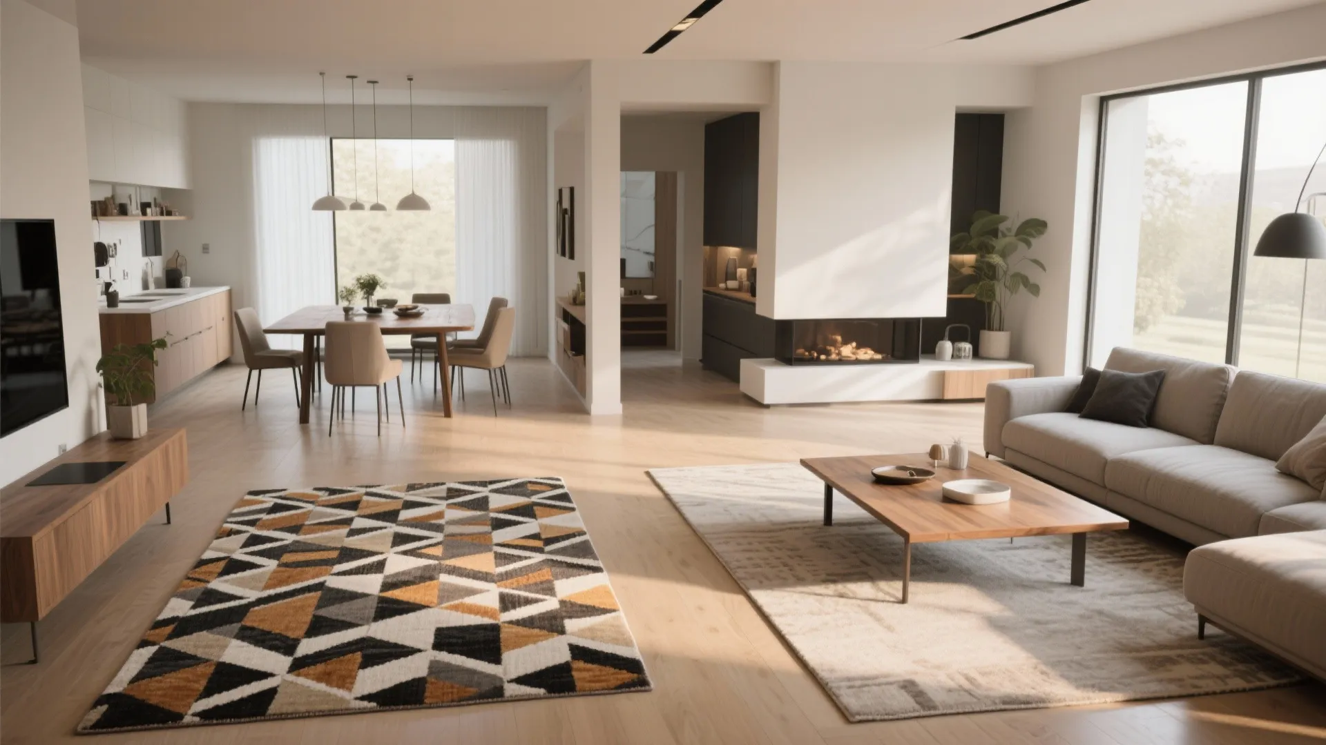 Open-plan living and dining room defined by contrasting area rugs