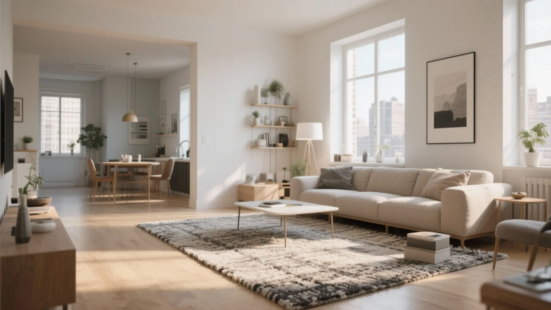 Large textured area rug defining a living room zone