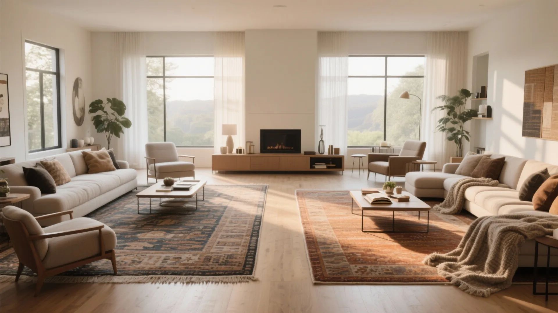 Spacious open living room layout with two separate seating areas defined by different patterned rugs