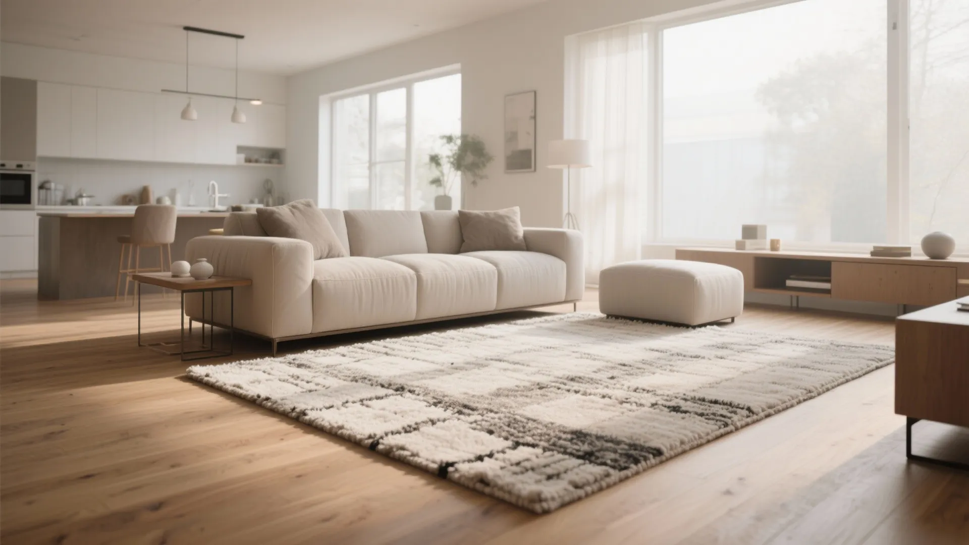Bright open plan living room with white sofa, large area rug, wooden floor, and kitchen