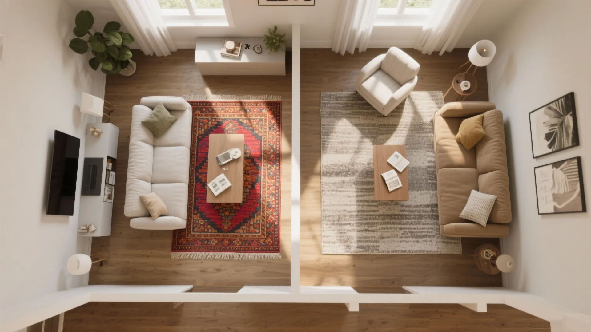 Top down interior design drawing comparing two living room layouts with different colorful area rugs