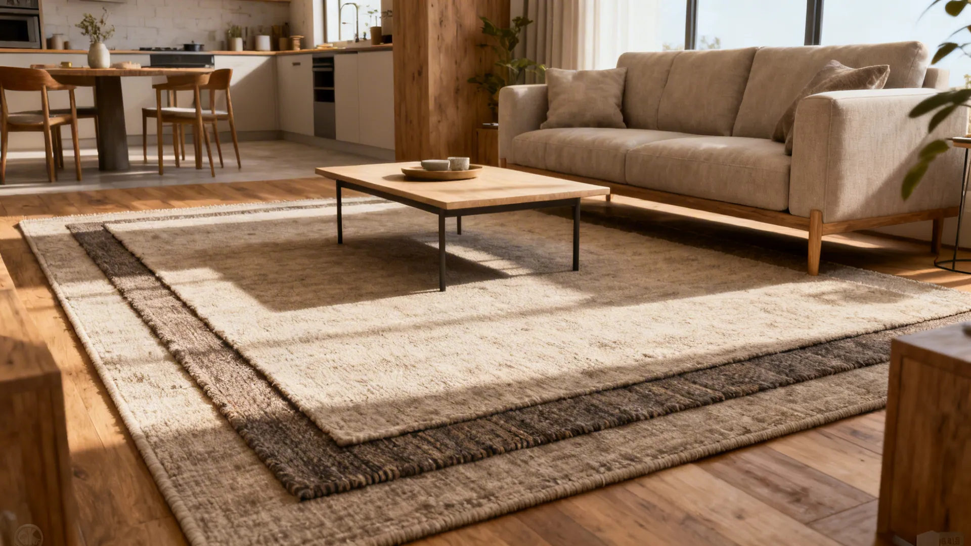 Textured area rug defining a seating zone in a small open-plan living room.