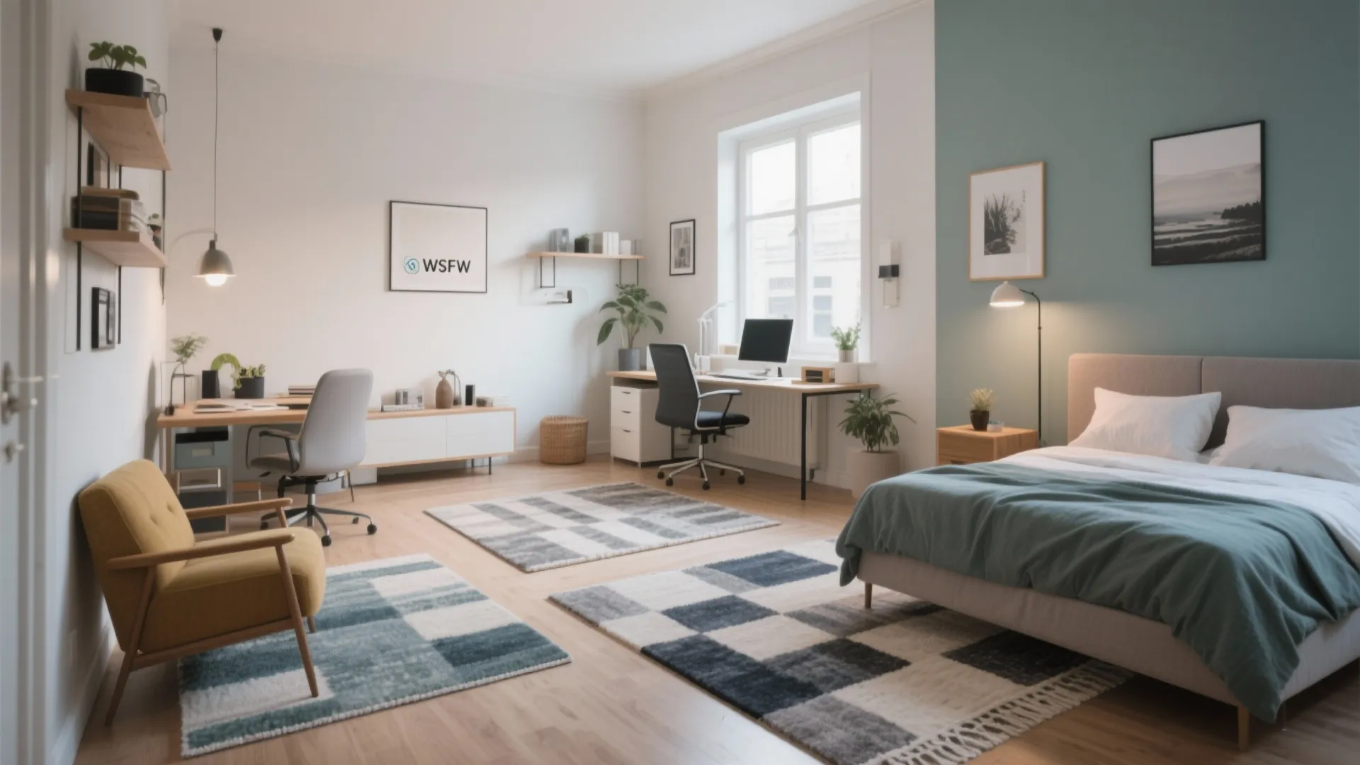 Modern bedroom with two work desks check pattern rugs yellow armchair and blue green wall panel