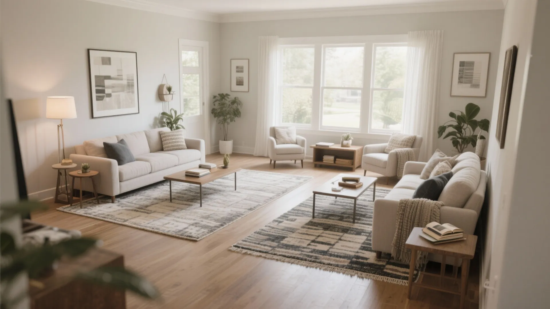 Spacious bright living room with two white sofas two rugs coffee tables and large windows