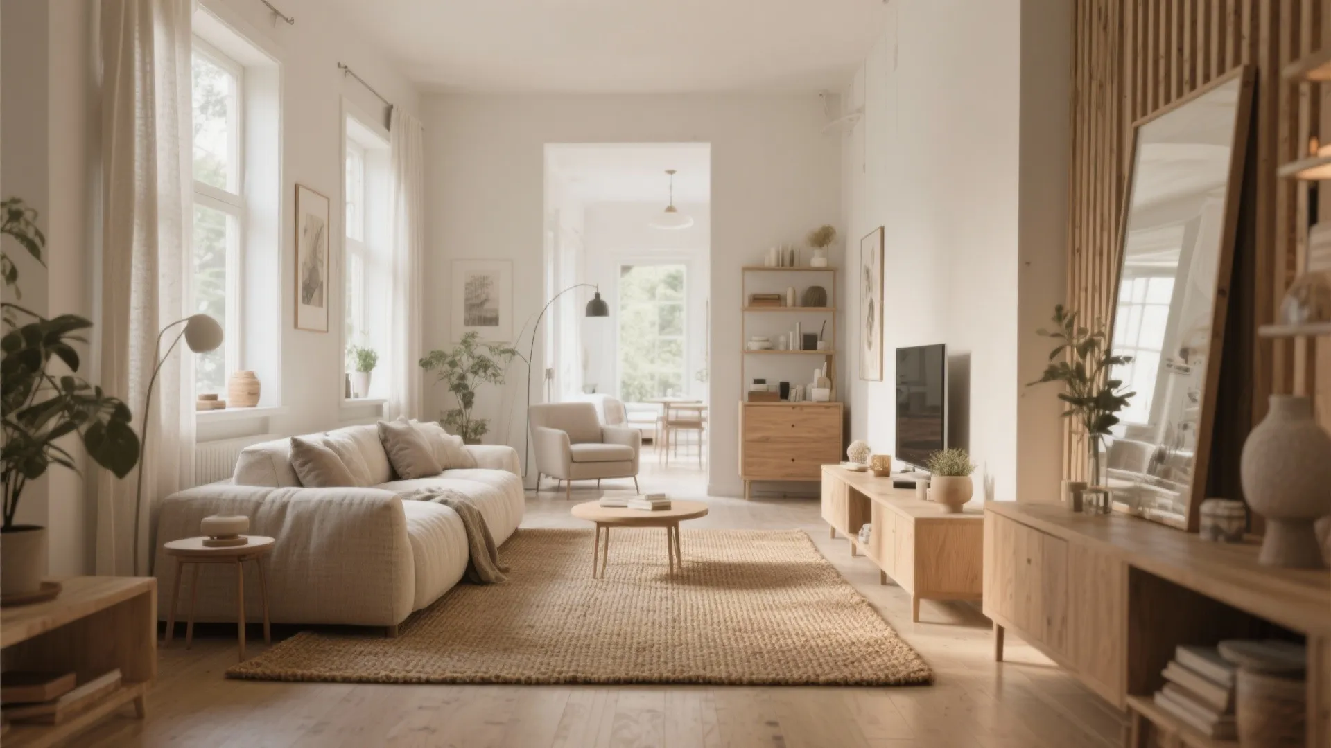 Bright living room with white sofa, brown rug, wooden table, large mirror, and natural light