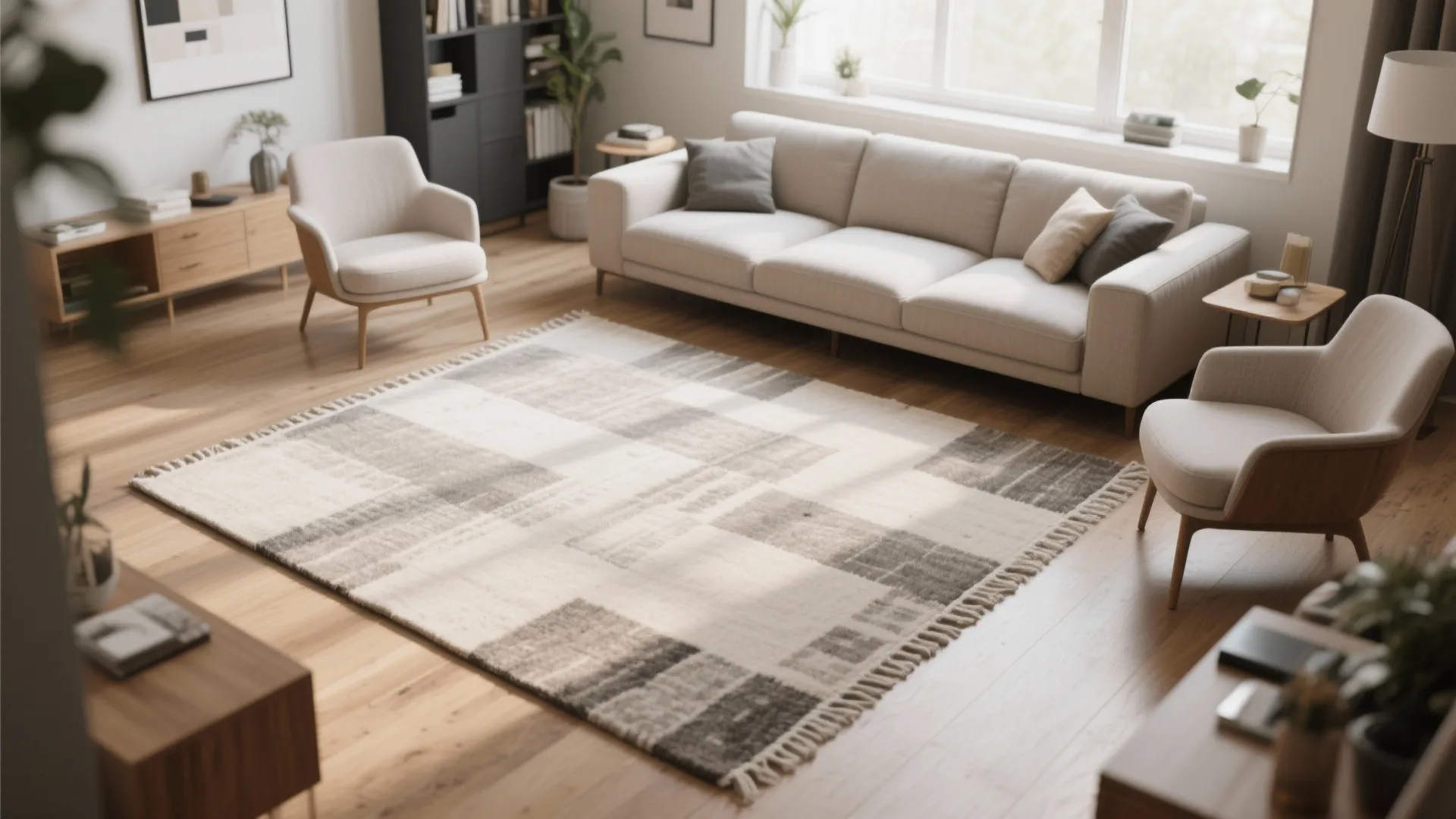 Modern living room with a large patterned rug sofa two chairs and wood floor layout