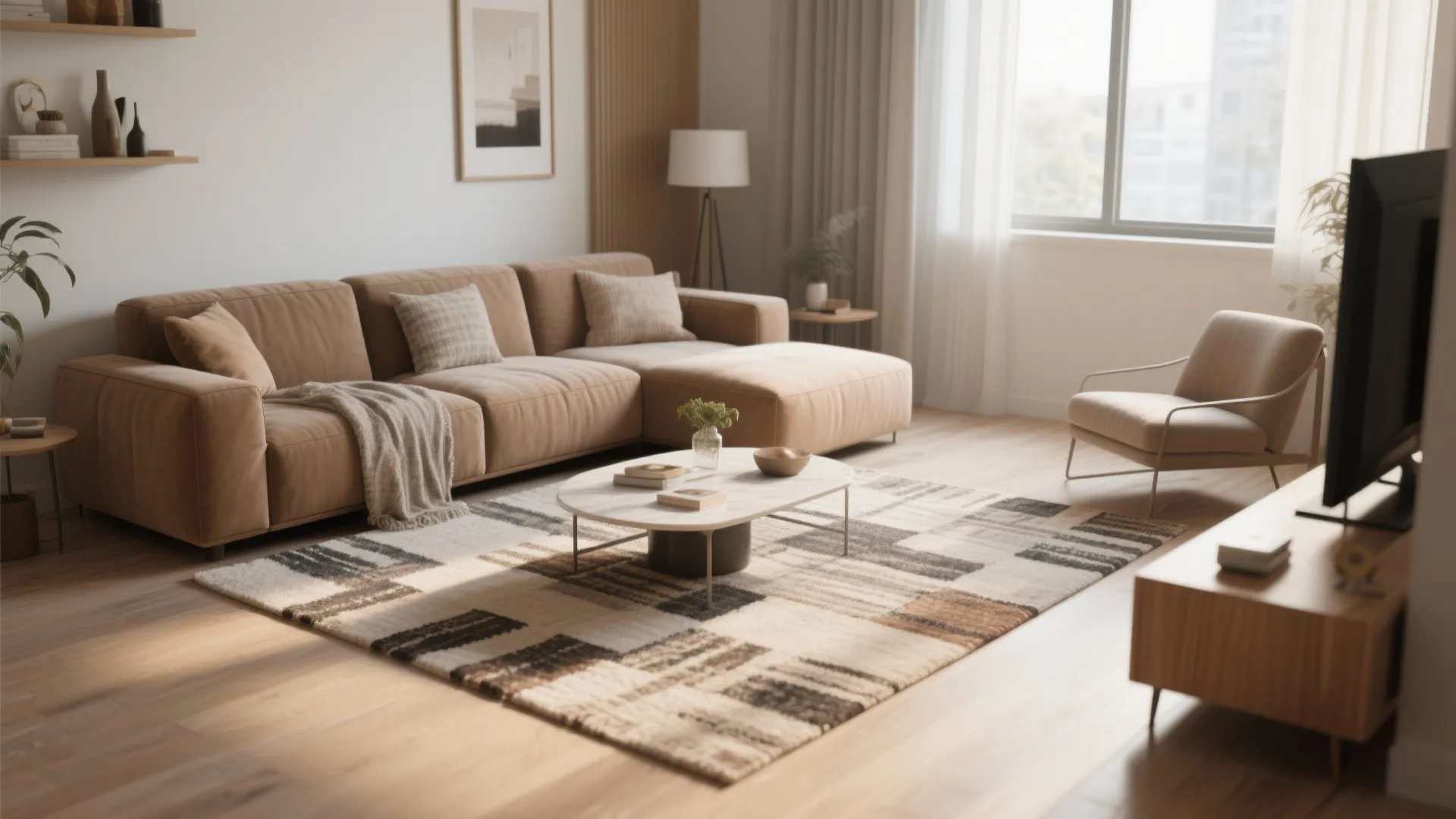 Warm living room with brown sofa patterned area rug marble coffee table and large bright windows