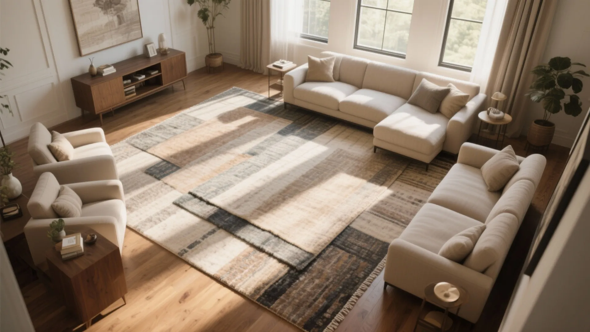 Top view of large living room with cream sofas wooden floor and large patterned rug