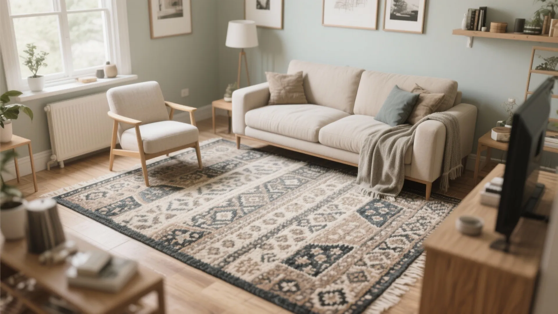 Cozy living room featuring patterned area rug beige sofa white armchair and light green wall paint
