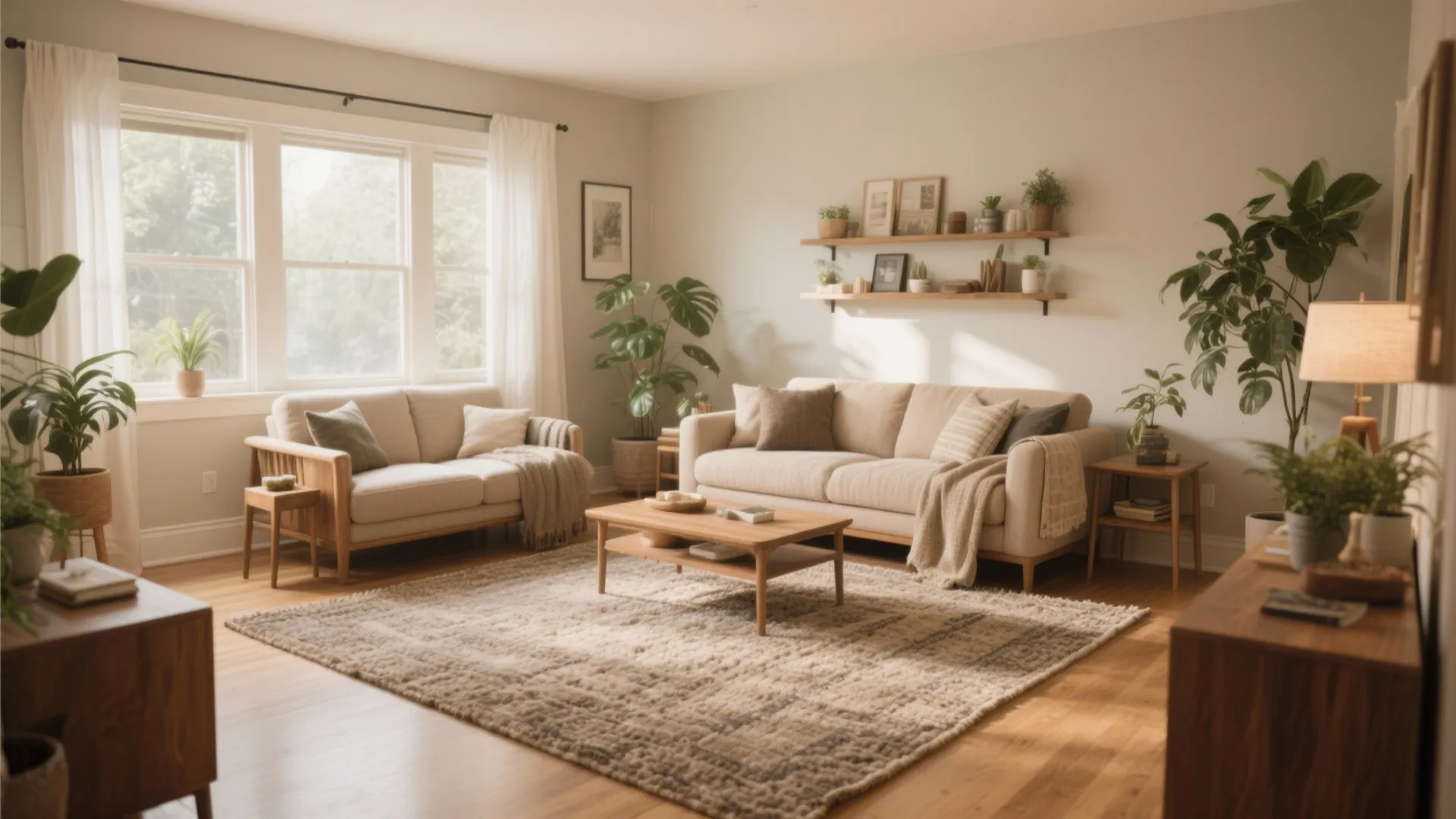 Bright living room with two beige sofas, wooden coffee table, large area rug, and houseplants