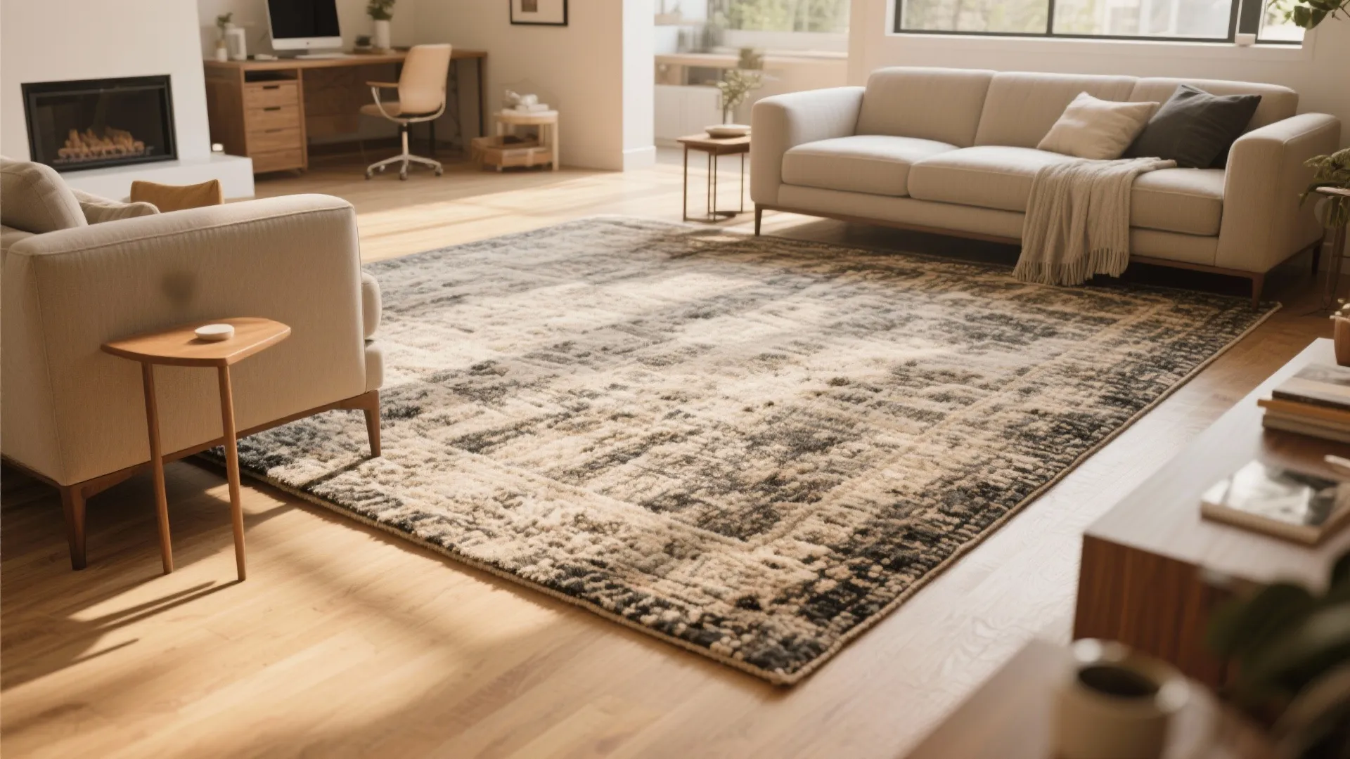 Large patterned area rug on wood floor in bright living room with sofa and desk
