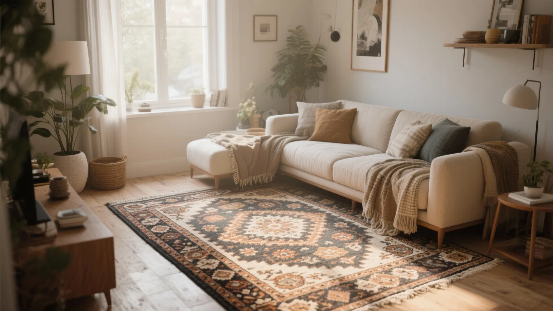 Cozy living room with pattern rug white sofa cushions wood floor floor lamp and window