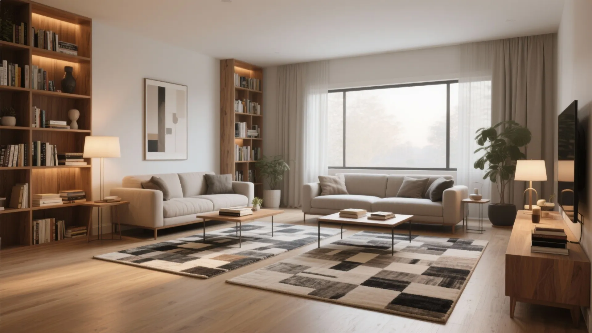 Spacious living room with two separate sitting areas patterned rugs wooden bookshelves and large window view