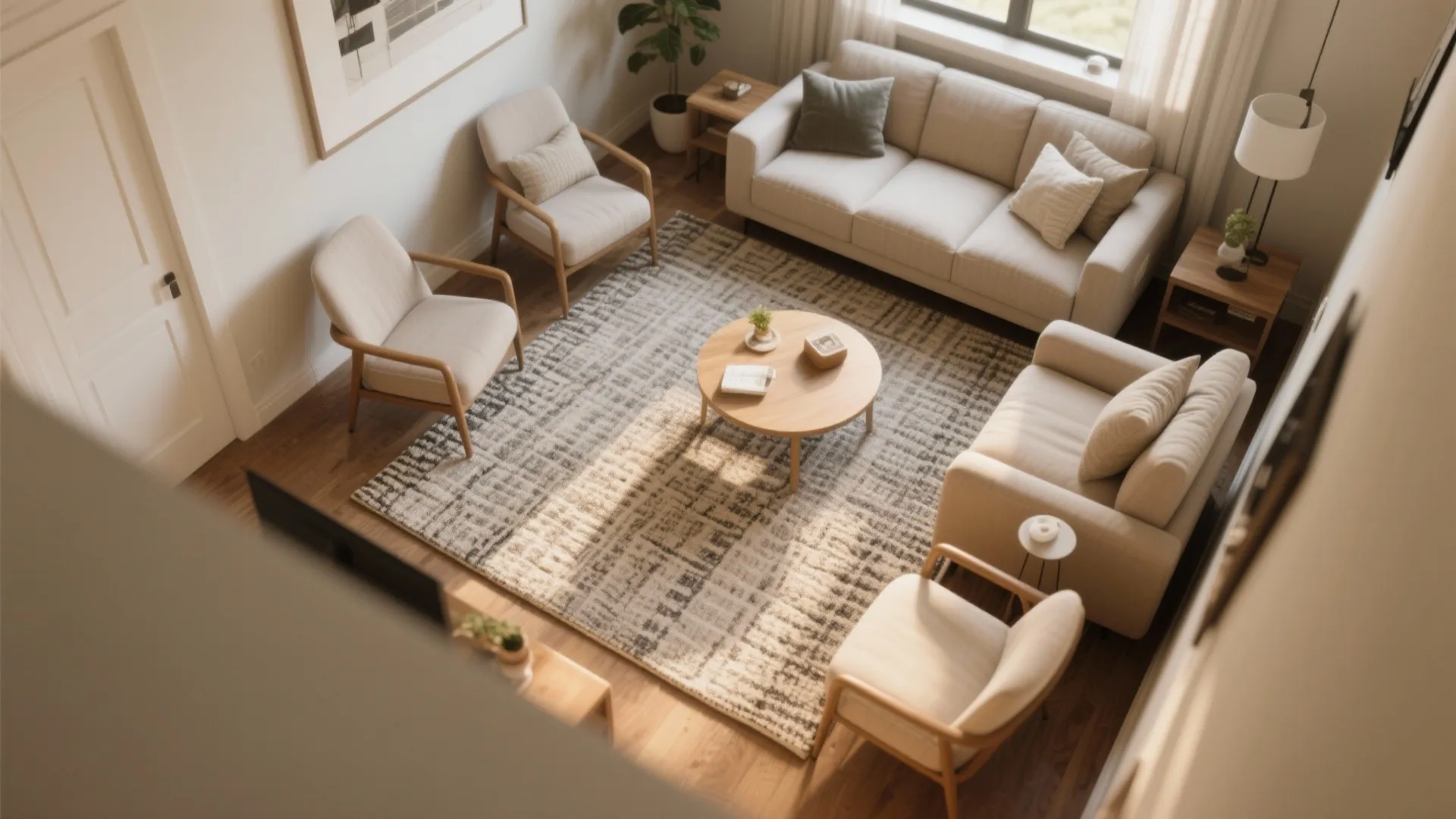 Top view of living room showing beige sofas, armchairs, round wooden coffee table, and rug