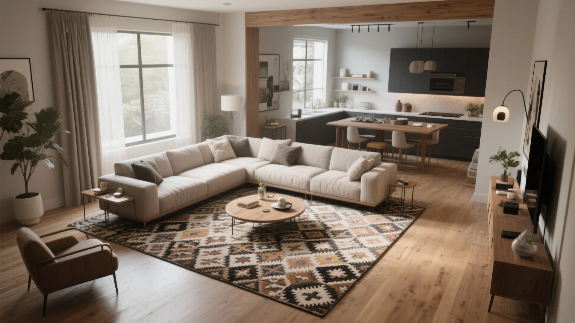 Open plan living room and kitchen featuring large corner sofa patterned rug and dining table